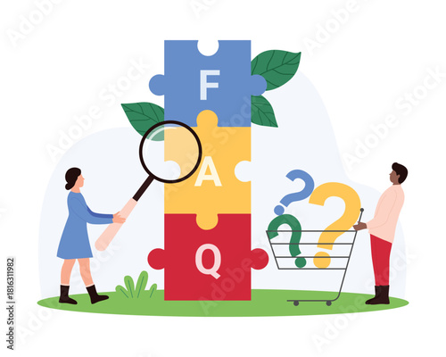 FAQ, online analysis of information, user manual and advices, search for answer to question and problem. Tiny people with magnifying glass research puzzles of FAQ word cartoon vector illustration