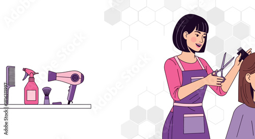 Illustration of a hair salon scene with a stylist cutting a client's hair with tools