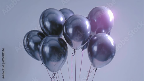 A cluster of shiny black balloons tied together with strings. The balloons are round and glossy, creating a festive atmosphere.