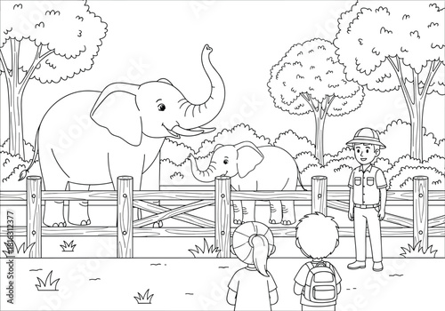 Cute zoo scene with children visiting elephants, cartoon wildlife illustration, educational coloring page for kids, zookeeper guiding visitors in nature environment