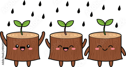 Cute tree stump characters, happy sprout cartoon illustration, kawaii wood log friends in rain, nature growth concept, adorable plant seedlings vector design