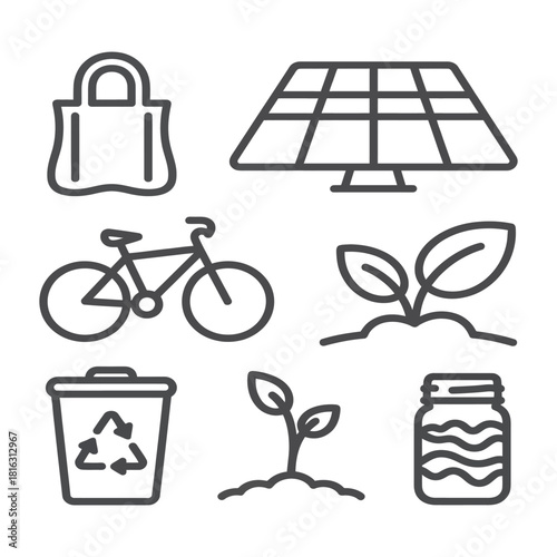 A vector illustration set of ecology icons and cartoon kitchen symbols featuring food, drink, milk glass, cup, and can art designs