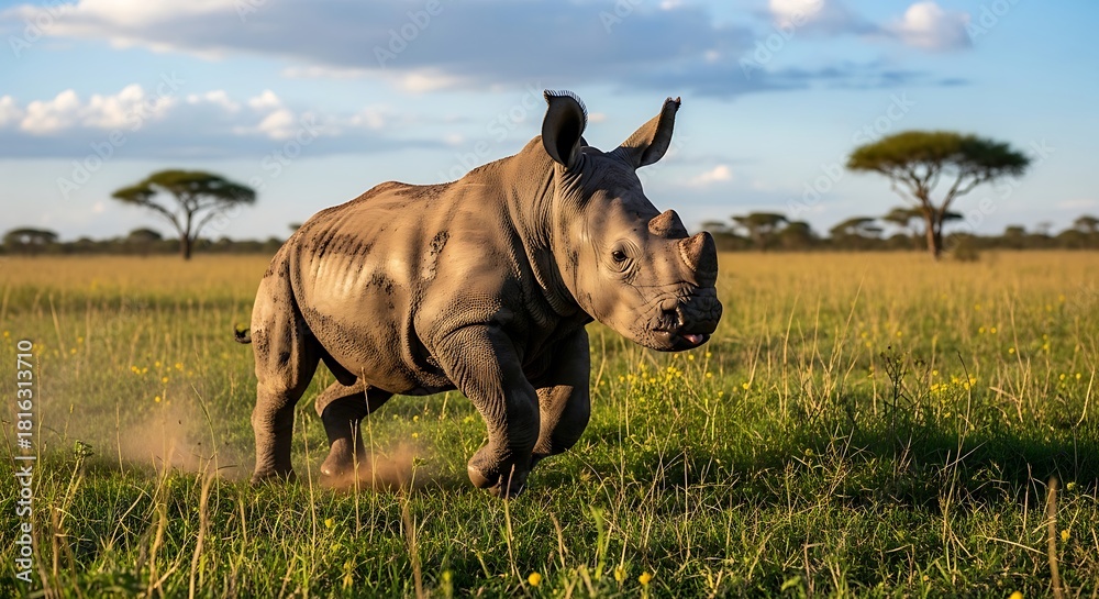 Fototapeta premium Rhino in Action A Majestic Creature Thriving in the African Savanna