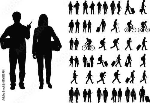 Silhouettes of people walking, standing, traveling, running, cycling, carrying luggage, urban commuter figures, diverse human poses, business travelers, black isolated silhouettes, 