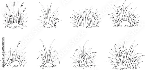 Hand-drawn grass and stone sketches vector illustration of natural elements perfect for landscape design and nature-themed projects