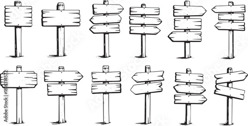 Collection of blank wooden signposts hand-drawn vector illustration background for design elements