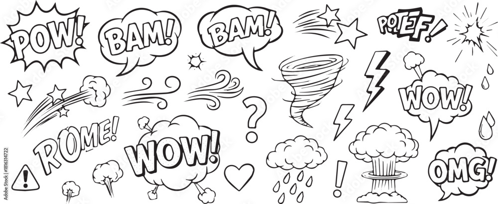 Obraz premium Collection of hand-drawn comic speech bubbles and elements vector illustration in doodle style background