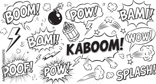 Comic speech bubbles with explosion effects hand-drawn vector illustrations for graphic novels and superhero comics background