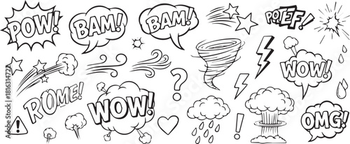 Collection of hand-drawn comic speech bubbles and elements vector illustration in doodle style background