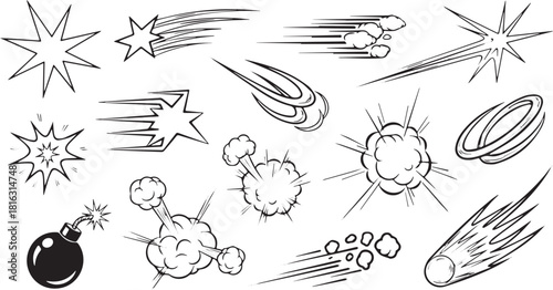 Set of comic explosion effects hand-drawn vector illustration of speed lines and bursts background