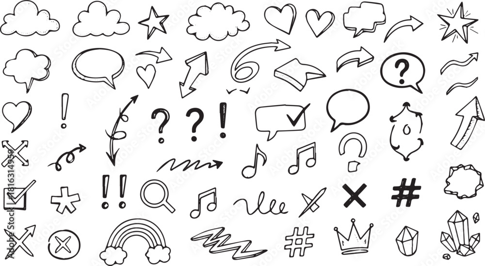 Fototapeta premium Hand-drawn doodle elements including clouds arrows and musical notes vector illustration for design and decoration background