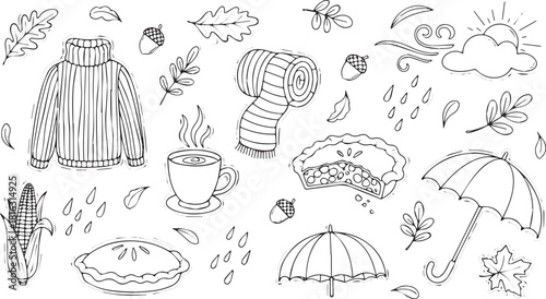 Autumn doodle set with cozy sweater hot drink and falling leaves vector line art illustration for seasonal designs