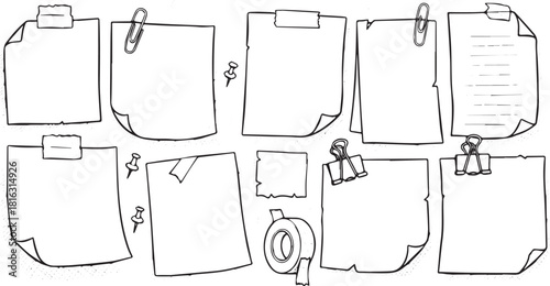 Collection of hand-drawn paper notes memo stickers with tape and clips vector illustration for reminders and organization