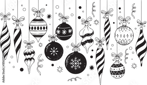 Hand-drawn Christmas ornaments decorative holiday elements with ribbons and snowflakes vector illustration for festive design
