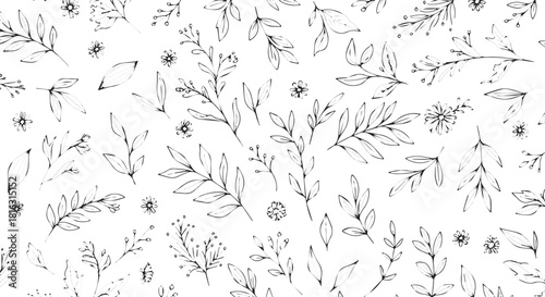 Seamless pattern of hand-drawn botanical elements delicate leaves and branches perfect for textile design and backgrounds