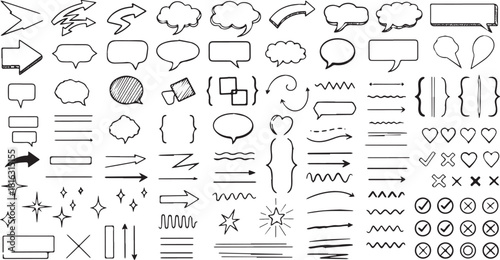 Set of hand-drawn doodle elements including arrows speech bubbles and dividers vector illustration for graphic design and web use