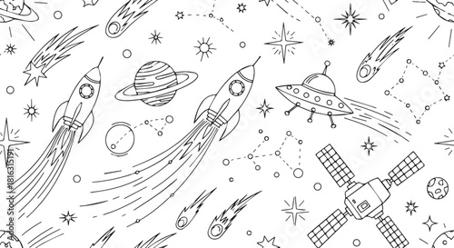 Seamless space pattern featuring rockets planets and stars hand-drawn vector illustration for textile design wallpaper or wrapping paper