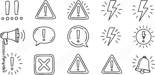 Set of hand-drawn warning icons including exclamation marks triangles and lightning bolts vector illustration for user interface design