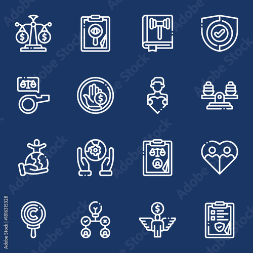 Collection of Business and Legal Icons Scales of Justice, Clipboard, Book, Shield, Whistleblower, Gears, Law, Partnership, Agreement, Idea, Funding, Protection