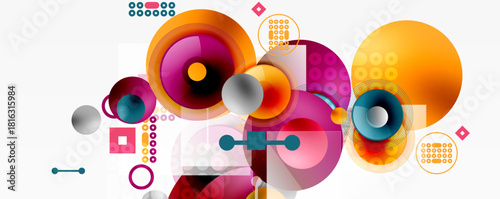 Abstract composition featuring overlapping circles, squares, dots. Vibrant colors create dynamic visual experience. Modern design elements present.