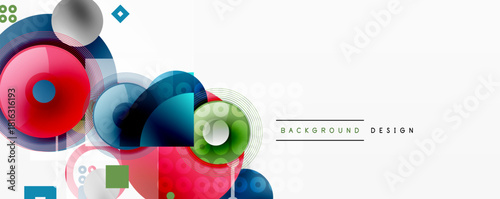 Abstract geometric shapes, vibrant colors, modern design. Overlapping circles, squares create dynamic composition. Clean background enhances visual impact.