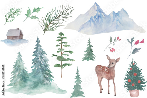 Watercolor Winter Forest Elements. Christmas set. Hand drawn illustration. Vector EPS.