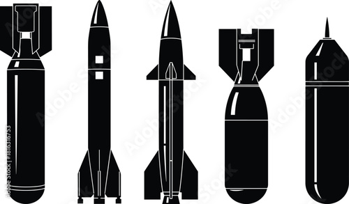 Bomb and missile silhouette set, military weapon icons, explosive ordnance collection, warfare equipment illustration, black vector armament designs