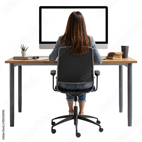 Remote Worker at Desk – Back View with Monitor, Chair and Plant for Home Office and Business Concepts