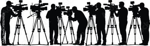 Cameraman silhouettes operating video cameras on tripods, media crew illustration, filming team concept, professional videographers vector design set