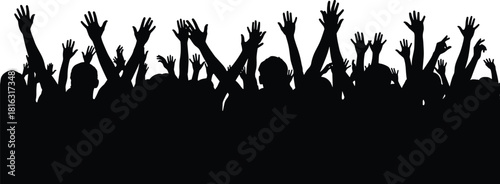 Crowd cheering silhouette, group of people raising hands, concert audience illustration, celebration event scene, energetic crowd vector design