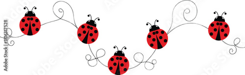 Cute flying ladybug illustration, red beetles with dotted flight trails, whimsical insect design, playful cartoon bug vector artwork