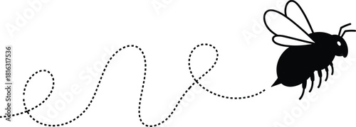 Cute flying bee illustration with dotted flight path, playful insect artwork, whimsical bee trail design, nature graphic element