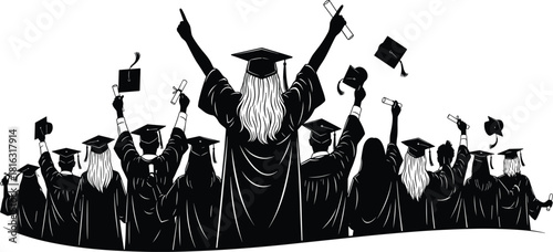 Graduation celebration silhouettes, group of students cheering with diplomas, academic success illustration, graduates throwing caps, achievement ceremony artwork