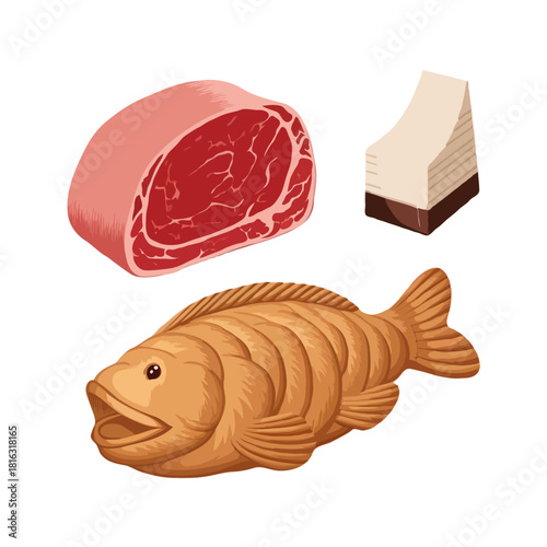 A raw cut of red meat a whole cooked fish and a block of cheese arranged together isolated on white background