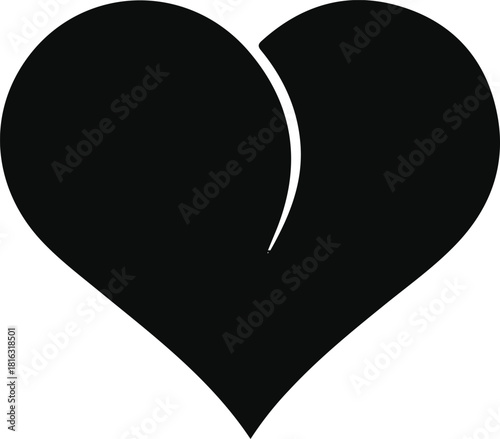 Simple broken heart symbol illustration, Black-and-white vector heart with a split line through the center, symbolizing heartbreak, sadness, emotional pain, loss, or relationship struggles.

