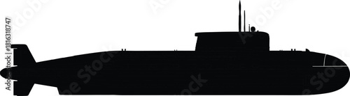 Military submarine silhouette, underwater vessel illustration, navy warship profile, ocean defense craft, detailed black submarine vector design