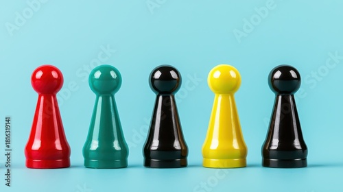 Colorful game pieces arranged in a row against a light blue background, showcasing their glossy finishes and unique shapes.