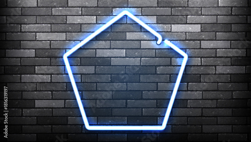 Vector neon pentagon frame isolated on wall background.