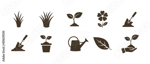 The collection of sprout pictograms includes flowers, gardening elements, and ecology symbols.