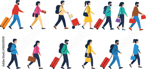 Travelers walking with luggage, airport passengers, tourist people group, journey illustrations, baggage carrying characters, vacation travel vector set
