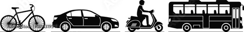 Transportation silhouette set with bicycle, car, scooter rider and bus, vehicle icons collection, urban transport vector illustration