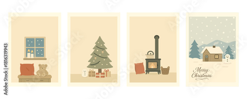 冬の室内と森のクリスマスカードセット、Cozy Indoor and Forest Christmas Card Set