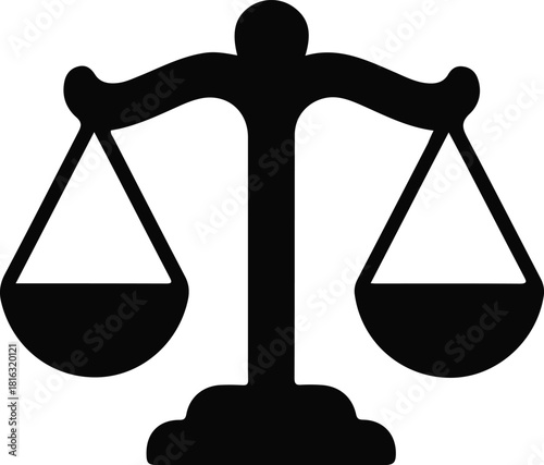 Balance scale justice symbol icon, Black silhouette of a balanced scale representing justice, fairness, law, equality, and decision-making, commonly used in legal and ethical contexts.

