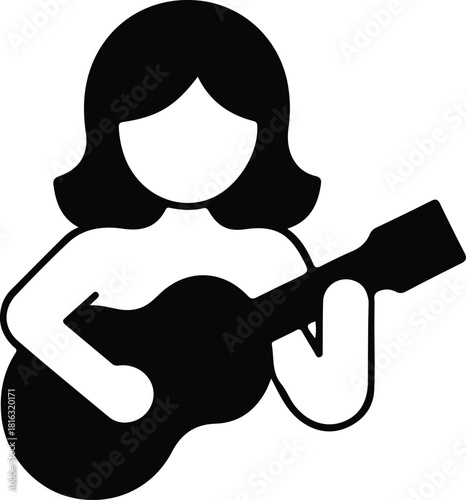 Female guitarist icon playing acoustic guitar, Simple black silhouette icon of a woman playing an acoustic guitar, ideal for music apps, tutorials, creative projects, and interface design.

