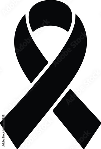 Black awareness ribbon icon symbol, Simple black awareness ribbon graphic representing mourning, remembrance, support, and solidarity, designed as a clean and minimal vector icon.

