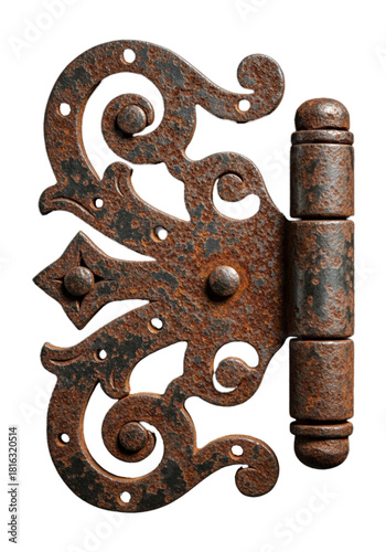 Rusted medieval iron scroll hinge detail close-up. cutout on transparent background
