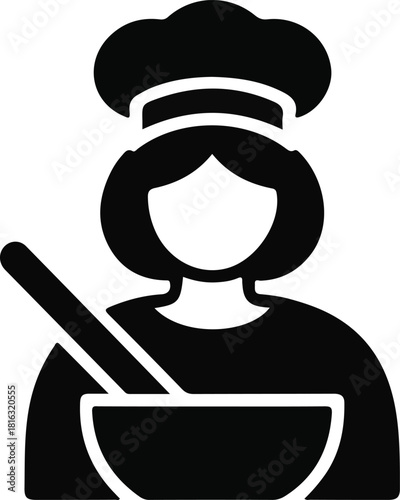 Chef Icon Mixing Bowl Illustration, Simple black-and-white chef icon showing a cook preparing food with a mixing bowl, ideal for culinary apps, menus, and cooking guides.

