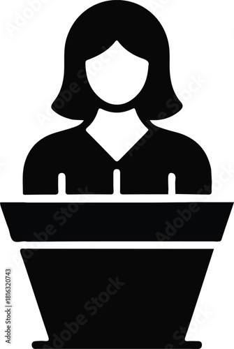 Female speaker standing at podium icon,, Simple black silhouette icon of a woman speaking at a podium, representing public speaking, leadership, presentations, and communication concepts.

