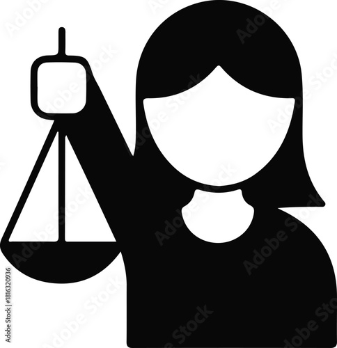 Justice symbol woman holding scales icon, Black silhouette icon of a woman holding justice scales, representing law, fairness, legal services, equality, and judicial concepts.


