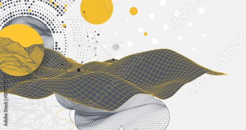 Abstract wireframe background. Modern science or technology art elements. Surface illustration inside circles